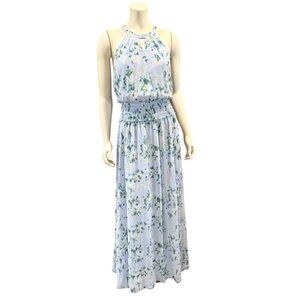 BCBGMAXAZRIA Women's Halter Neck Smocked Waist Side Slit Maxi Evening Dress